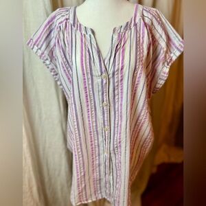 LOFT Striped Cotton Blouse | Pink Purple Flutter Sleeve Tunic XL Crinkly Cotton